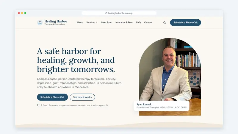 Healing Harbor Therapy & Counseling homepage shown in a browser window