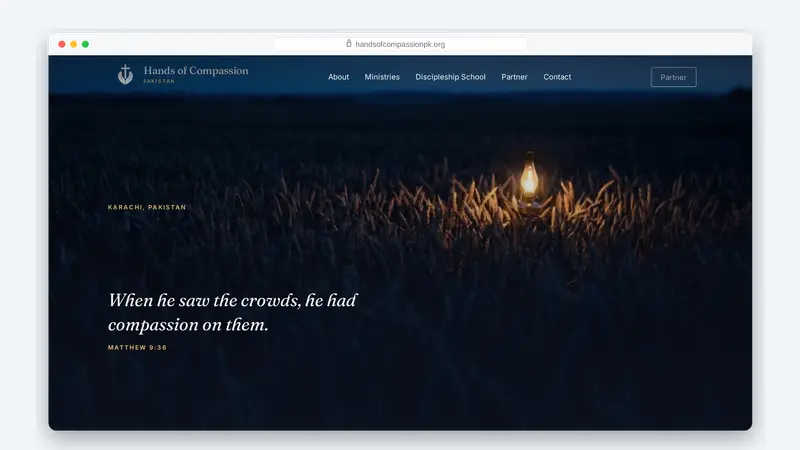 Hands of Compassion Pakistan homepage shown in a browser window