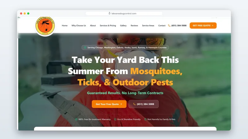 Lake Area Bug Control homepage shown in a browser window